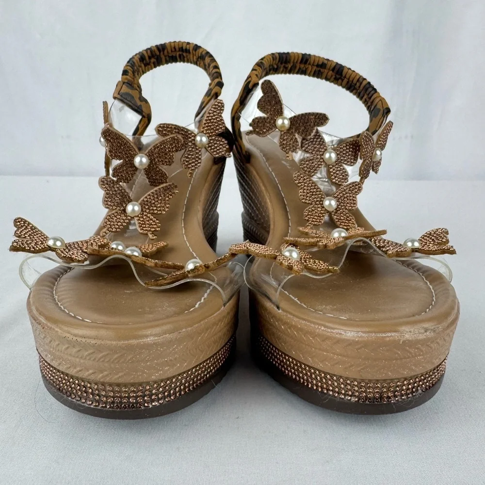 TEMU Branded Tan Wedges with Butterfly Straps